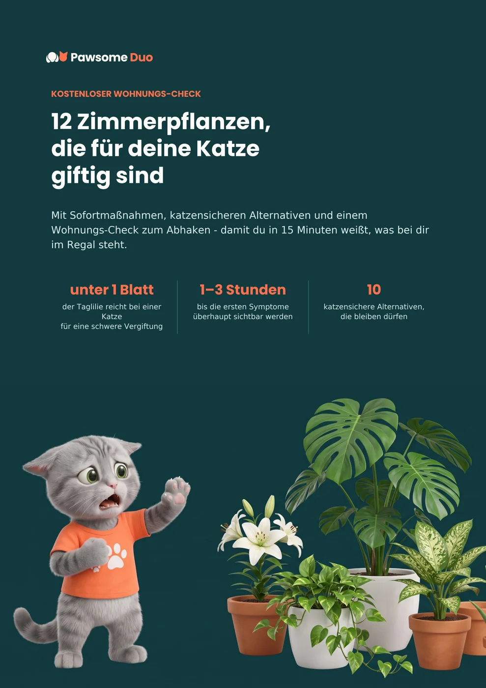 Cover des kostenlosen Wohnungs-Checks: 12 Zimmerpflanzen, die für deine Katze giftig sind