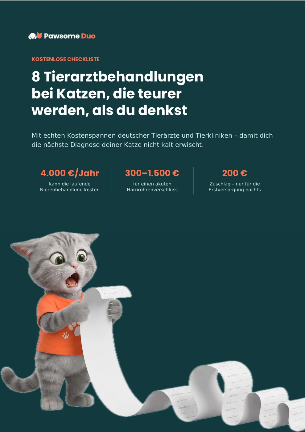Cover der kostenlosen Checkliste: 8 Tierarztbehandlungen bei Katzen, die teurer werden, als du denkst