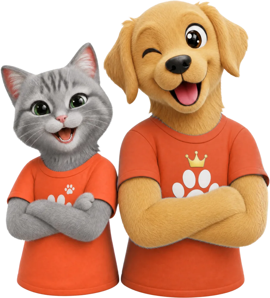 Gezeichnete Katze und gezeichneter Hund im Korallen-Shirt stehen nebeneinander