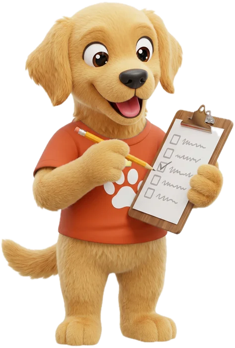 Gezeichneter Hund im Korallen-Shirt hakt eine Checkliste auf einem Klemmbrett ab