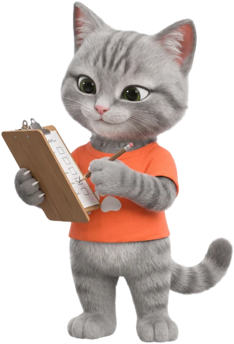 Gezeichnete Katze im Korallen-Shirt hakt eine Checkliste auf einem Klemmbrett ab